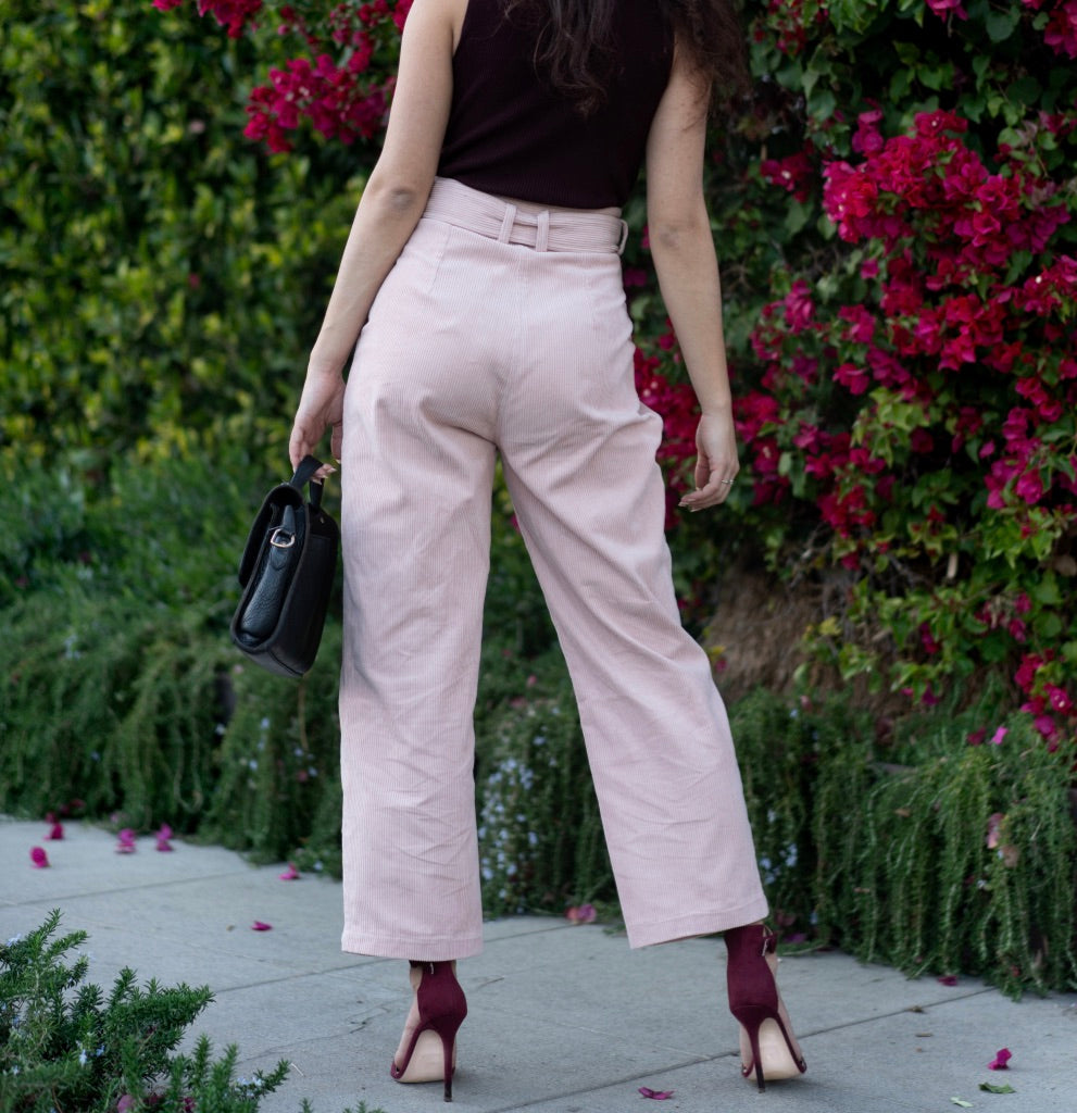 high waisted corduroy trousers with belt in light pink