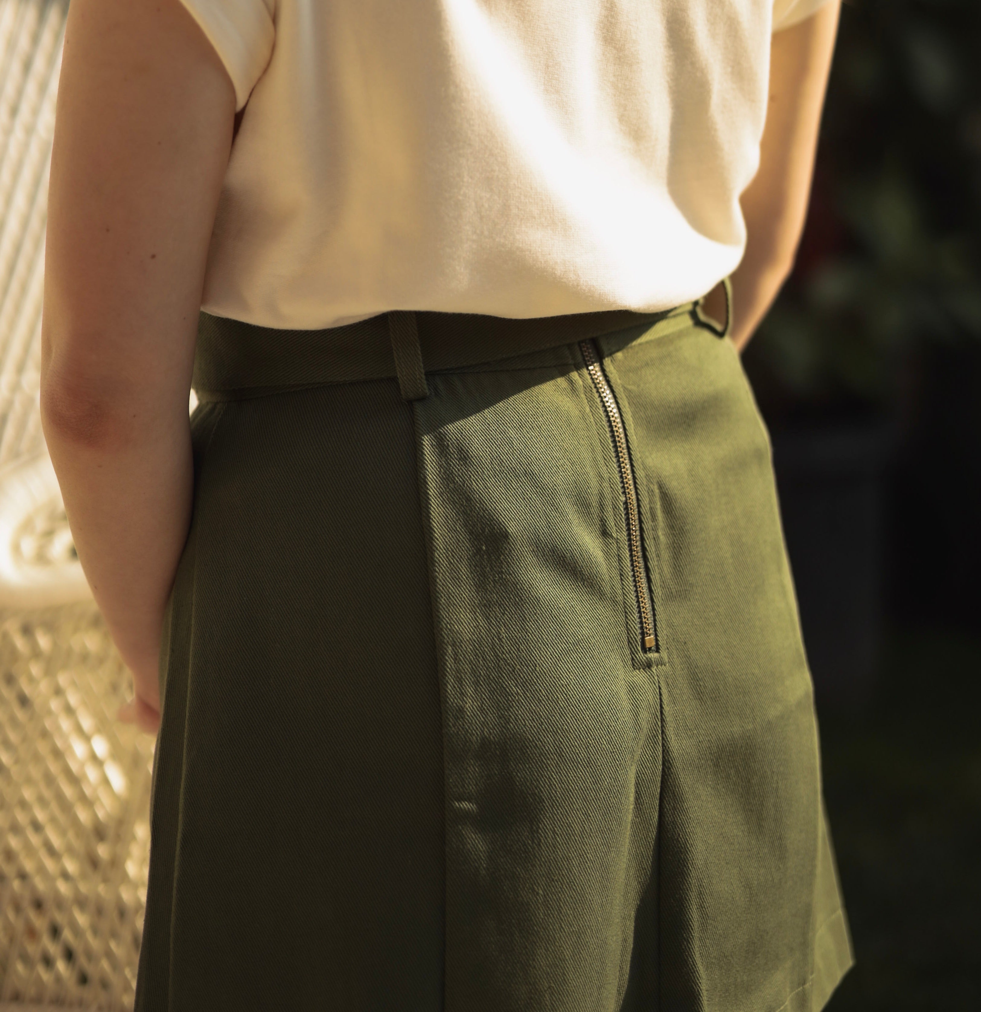 Olive green cotton belted mine skirt with zip up back