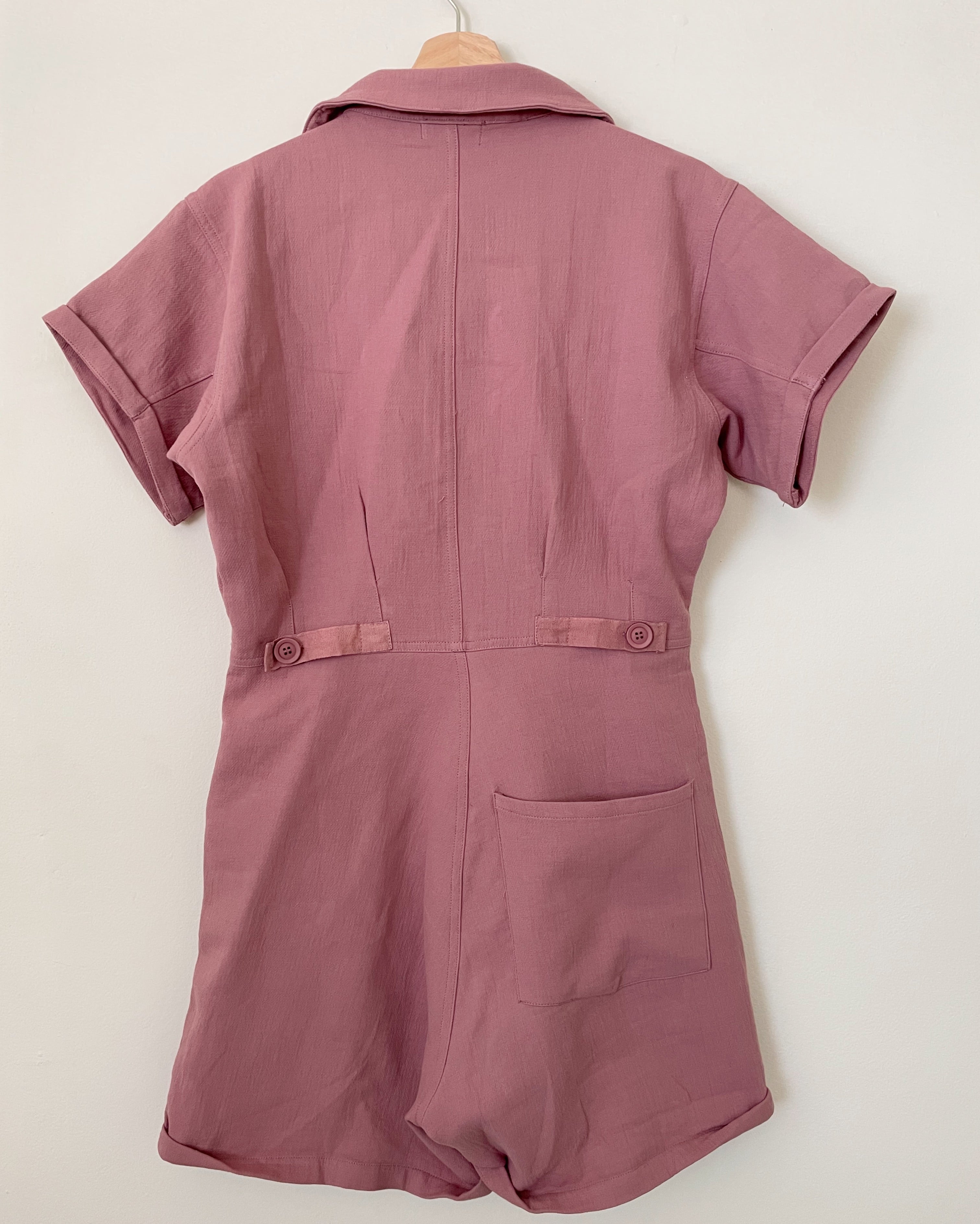 Button-up lavender lounge romper with collar and back pockets Mai-Ling Boutique
